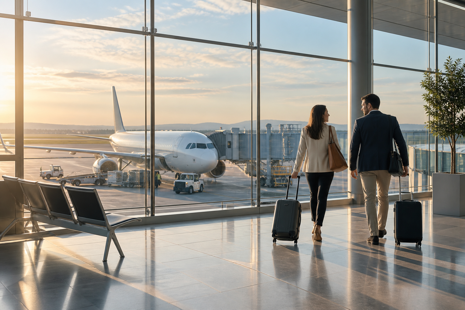 Reisende im hellen Flughafenterminal mit Blick auf ein Flugzeug